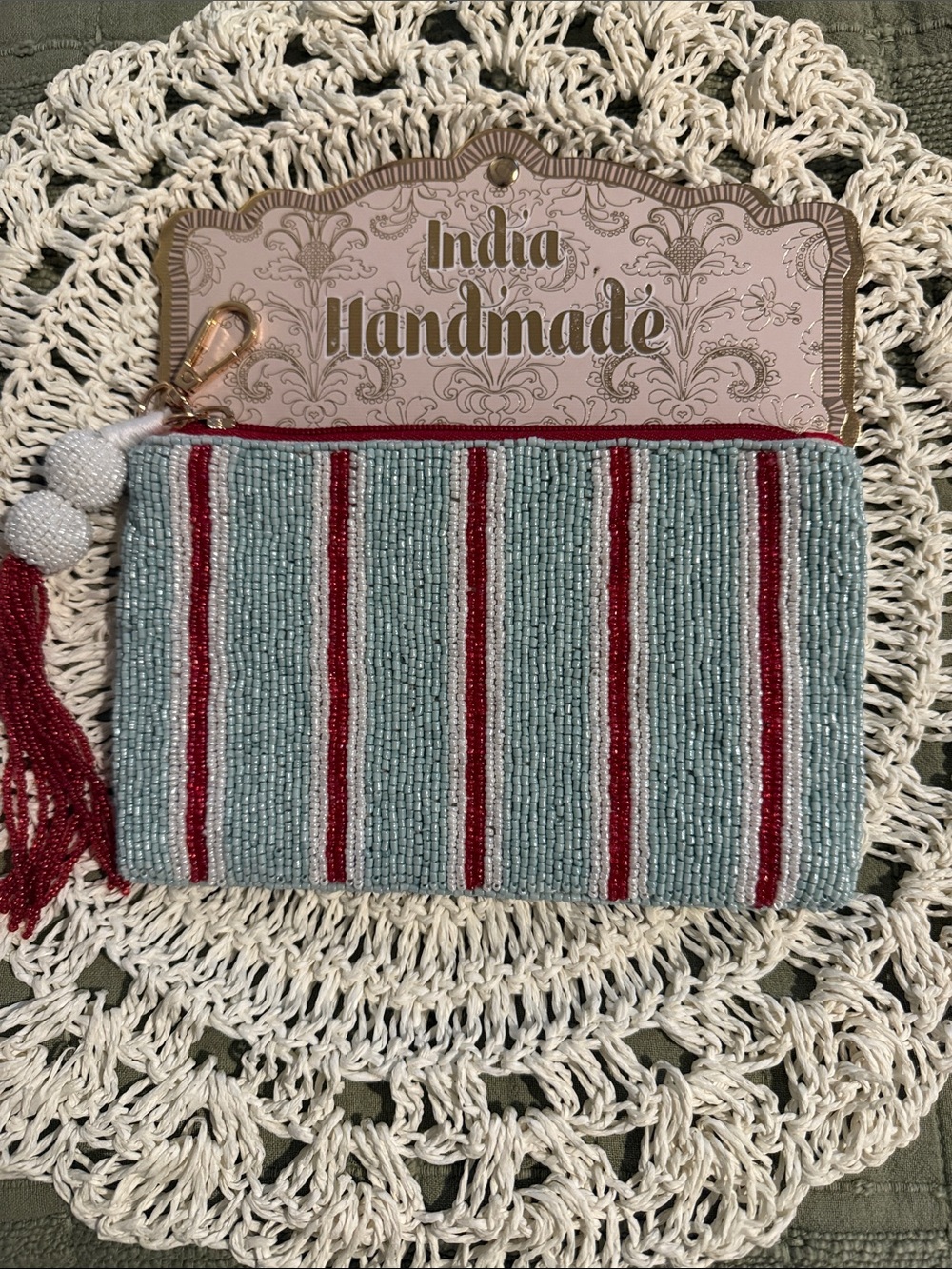 Handmade in India Blue & White Beaded Wristlet  NWT